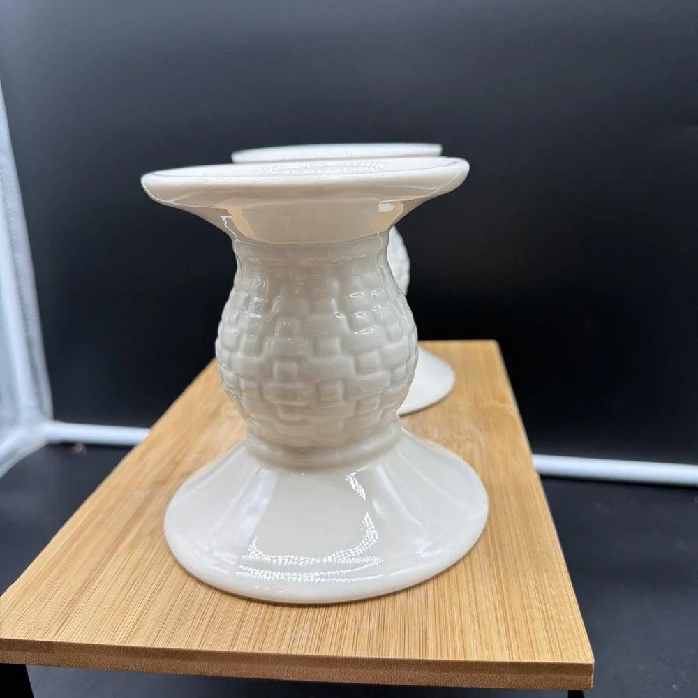 Pair Of Longaberger Ivory Woven Traditions Pedestal Pillar Candle Holders 5